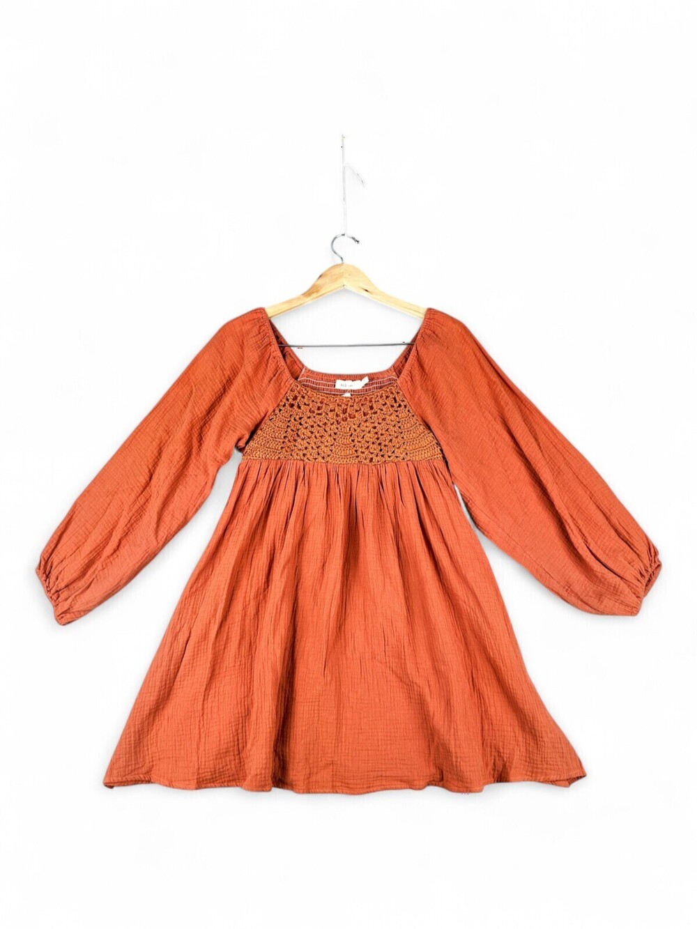 Millibon Rust Crochet-Yoke Babydoll Dress S Long Sleeve